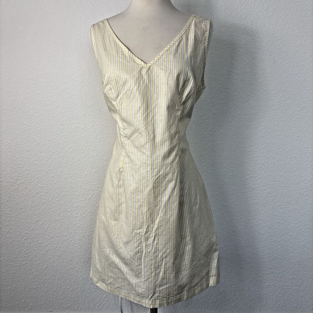 Vintage Deadstock Bisou-Bisou  Women’s Mini Dress L Yellow Striped Double V-Neck